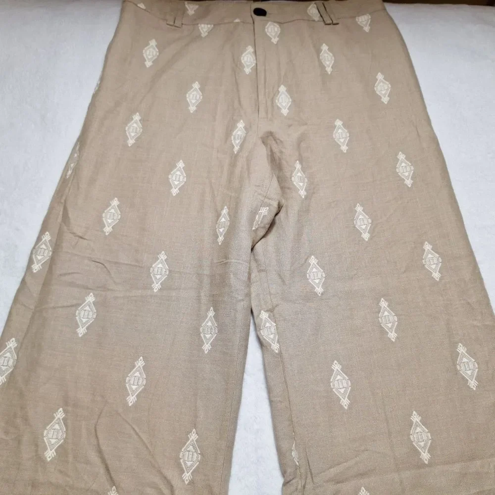 ZARA Linen Blend Embroidered Wide Leg Crop Pants Sz XL Beige Blogger Favorite